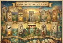 A Historical Analysis of the World’s Ten Oldest Extant Religions A HISTORICAL ANALYSIS OF THE WORLD'S TEN OLDEST EXTANT RELIGIONS" is presented against a backdrop of ancient ruins and a starry sky. A central timeline banner features ten monuments for major global faiths arranged chronologically from left to right: Hinduism, Zoroastrianism, Judaism, Jainism, Buddhism, Taoism, Confucianism, Shintoism, Christianity, and Islam. Each monument is marked with its name and key symbols, such as the Om, Menorah, Yin-Yang, Cross, and Crescent, and includes a representative figure or setting (e.g., Ganesha, Buddha, Jesus, a mosque). In the foreground, two hands hold magnifying glasses over open ancient books and scrolls, with a compass and a map labeled "Historical Analysis