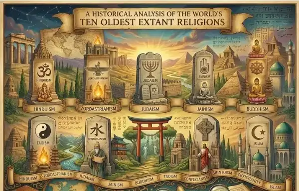 A Historical Analysis of the World’s Ten Oldest Extant Religions A HISTORICAL ANALYSIS OF THE WORLD'S TEN OLDEST EXTANT RELIGIONS" is presented against a backdrop of ancient ruins and a starry sky. A central timeline banner features ten monuments for major global faiths arranged chronologically from left to right: Hinduism, Zoroastrianism, Judaism, Jainism, Buddhism, Taoism, Confucianism, Shintoism, Christianity, and Islam. Each monument is marked with its name and key symbols, such as the Om, Menorah, Yin-Yang, Cross, and Crescent, and includes a representative figure or setting (e.g., Ganesha, Buddha, Jesus, a mosque). In the foreground, two hands hold magnifying glasses over open ancient books and scrolls, with a compass and a map labeled "Historical Analysis