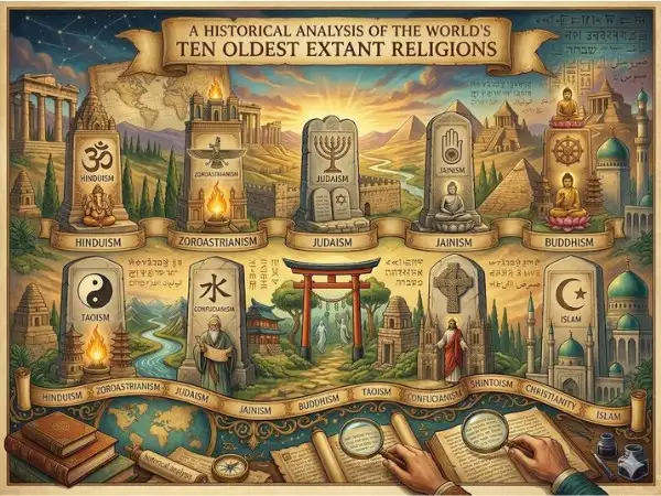 A HISTORICAL ANALYSIS OF THE WORLD'S TEN OLDEST EXTANT RELIGIONS" is presented against a backdrop of ancient ruins and a starry sky. A central timeline banner features ten monuments for major global faiths arranged chronologically from left to right: Hinduism, Zoroastrianism, Judaism, Jainism, Buddhism, Taoism, Confucianism, Shintoism, Christianity, and Islam. Each monument is marked with its name and key symbols, such as the Om, Menorah, Yin-Yang, Cross, and Crescent, and includes a representative figure or setting (e.g., Ganesha, Buddha, Jesus, a mosque). In the foreground, two hands hold magnifying glasses over open ancient books and scrolls, with a compass and a map labeled "Historical Analysis
